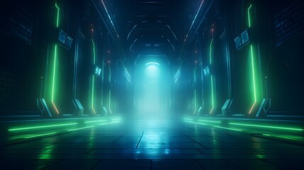a hallway with neon lights and a bright light at the end