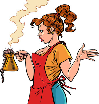 The fast food barista is confused by what is happening. A girl in an apron prepares coffee. The coffee ran out while brewing.
