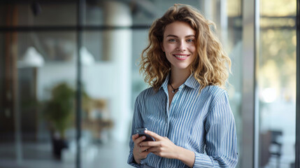 Smiling woman holding a smartphone in a modern office setting.