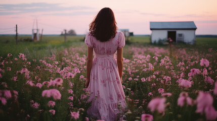 a beautiful woman from back walking on a rose pink flower field, sad missing home style