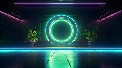 a room with a neon circle and potted plants