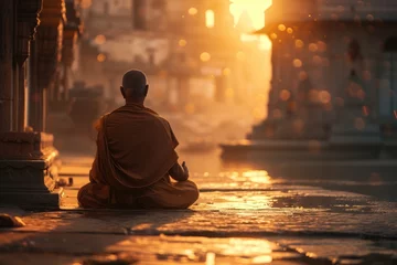Foto op Aluminium A monk meditates in the warm sunrise of Varanasi, embodying peace and spirituality by the Ganges. Generative AI © ABC Vector
