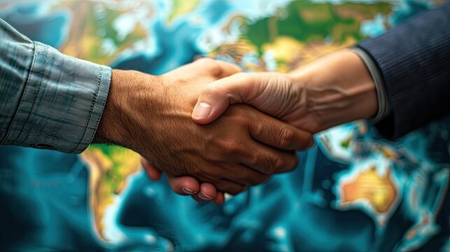 Close-up of business people shaking hands against map of the world
