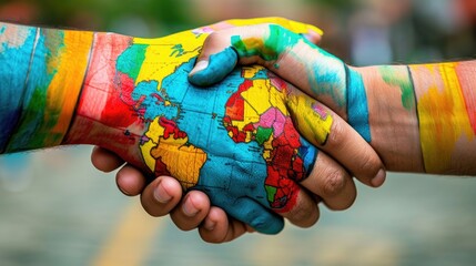 Close up of two hands holding each other with a colorful world map