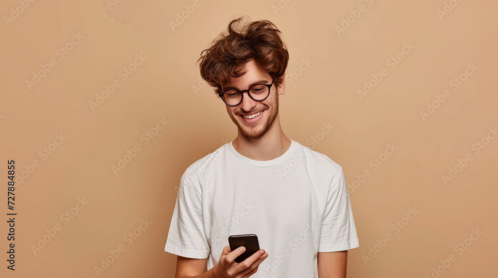 Poster young man with curly hair wearing glasses and a white T-shirt, smiling while looking at his smartphone