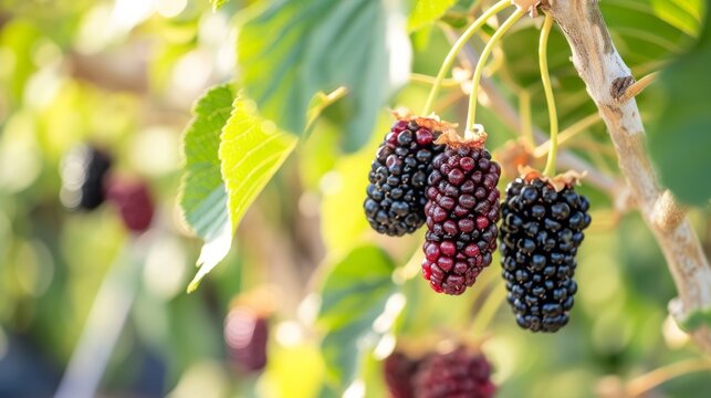 Sunlit black mulberry on a tree, agribusiness business concept, organic healthy food and non-GMO fruits with copyspace