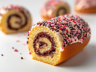 Roll cake or Swiss roll isolated on white background in minimalist style. 