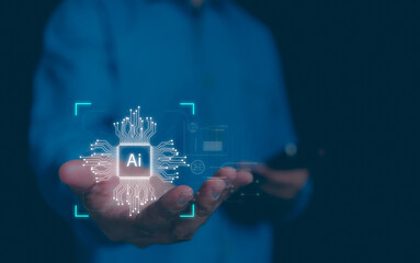 A man showing technology smart robot AI technology. Ai tech, Artificial Intelligence. artificial...