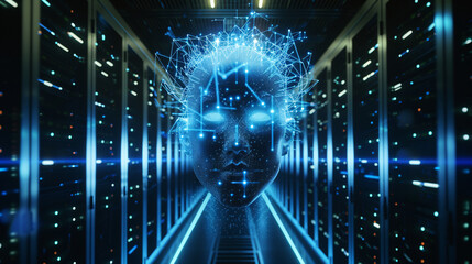 Digital Human Face Adorned with Glowing Lines, Set against the Dark Expanse of a Spacious Server Room Illuminated by Flashing Lights.