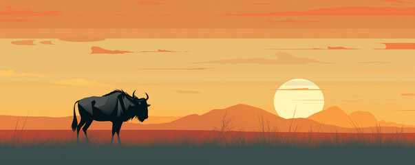 Wildebeest or gnu antelope on the savannah grassland at sunset, illustration generated by ai