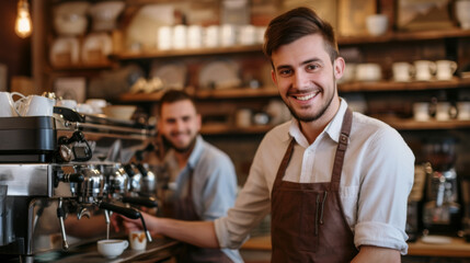 two smiling men in a cafe, one in the foreground wearing a white shirt and leather apron