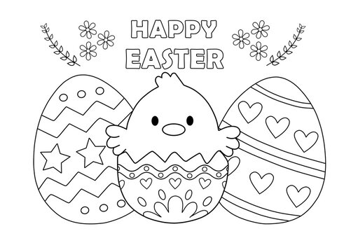 Easter chick and eggs coloring pages for kids. Painting for kindergarten and elementary school children . Children's coloring activity sheet. Cute Illustration to color.