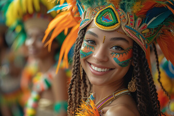 A lively parade with dancers adorned in vibrant costumes, moving to the rhythm of energetic music,...