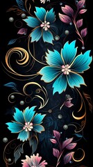 Flower design on black background wallpaper for phone. Floral pattern