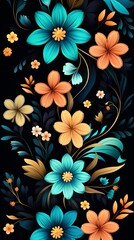 Flower design on black background wallpaper for phone. Floral pattern