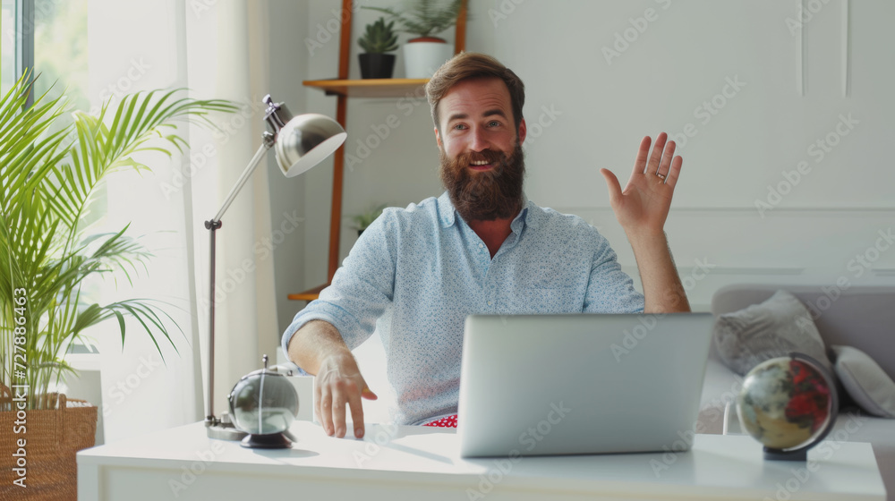 Poster man with a beard smiling and waving at the camera, possibly during a video call, in a bright indoor setting with modern decor.