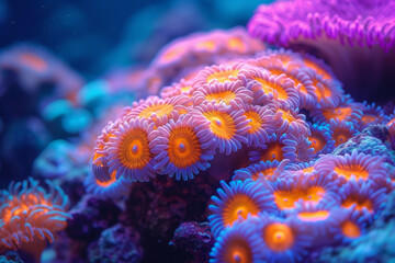 Obraz premium A close-up of a lively coral reef, showcasing the vivid colors of underwater life in a mesmerizing display of aquatic vibrancy. Concept of vibrant marine ecosystems. Generative Ai.