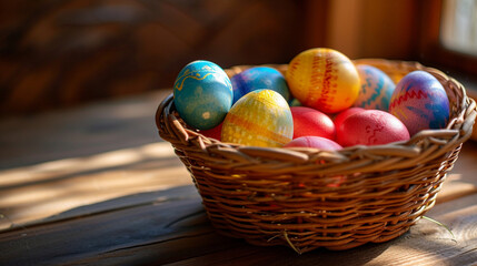 Fototapeta na wymiar A close-up of a woven basket filled with vibrantly dyed Easter eggs, with soft morning light casting gentle shadows, Easter Monday concept, dynamic and dramatic compositions, with copy space
