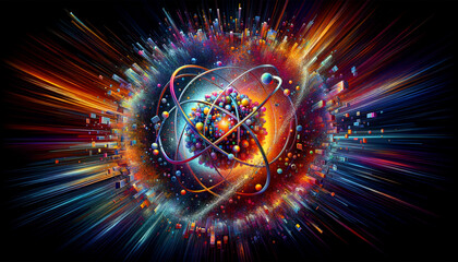 Dynamic Quantum State: Vibrant pixel disintegration symbolizing quantum physics.