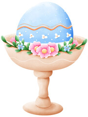 Blue Easter eggs and flower bushes