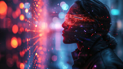 Immerse Yourself in a Pulsating Vision of Future Technology Featuring A Man Viewing a Data Board