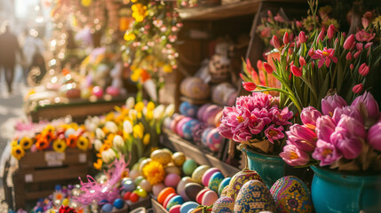 A vibrant Easter Monday market scene, with stalls selling handmade Easter crafts, decorations, and spring flowers, dynamic and dramatic compositions, with copy space