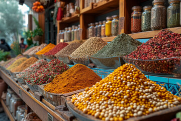 A bustling food market with stalls offering a variety of colorful spices, herbs, and ingredients, creating a sensory explosion of flavors. Concept of diverse culinary delights. Generative Ai.