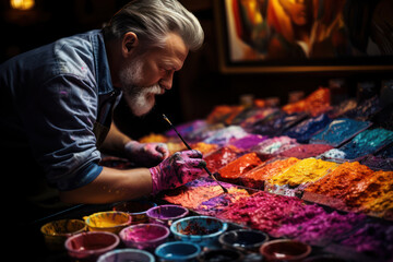 Fototapeta premium An artist carefully selects vibrant pigments for a new painting, the strokes of color on the canvas embodying the artist's personal journey and expressive vision. Generative Ai.