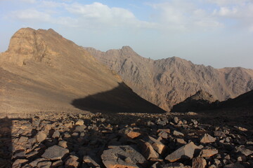Panorama from Jabel Toubkal showing other highest mountain peaks of High Atlas mountains in Toubkal national park, Morocco, North Africa