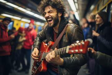 A musician plays an impromptu concert in a subway station, the surrounding crowd joining in, creating an impromptu symphony of shared musical joy.  Generative Ai. - obrazy, fototapety, plakaty