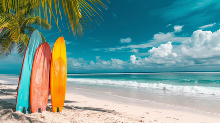 Surfboards on the tropical beach by the ocean with palm tree, Summer wallpaper background. Travel, adventure and water sports. Colorful surfboards lined up on a sunny sandy beach with palm trees.