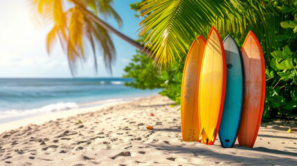 Surfboards on the tropical beach by the ocean with palm tree, Summer wallpaper background. Travel, adventure and water sports. Colorful surfboards lined up on a sunny sandy beach with palm trees.