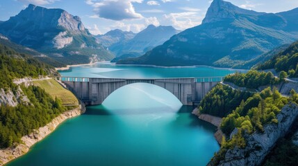 Aerial perspective, a bridge gracefully spans Dam, harmonizing with the picturesque mountain backdrop. 