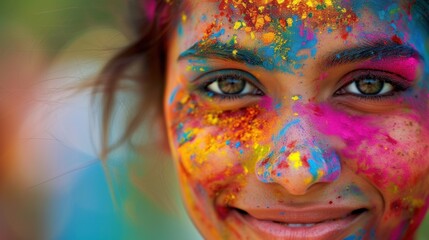 A joyful celebration of the Holi Festival unfolds as a woman's face is covered with vibrant and colorful paints. 