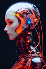 3D illustration of science fiction female humanoid cyborg lost in futuristic neon lit cyberpunk city