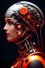 3D illustration of science fiction female humanoid cyborg lost in futuristic neon lit cyberpunk city