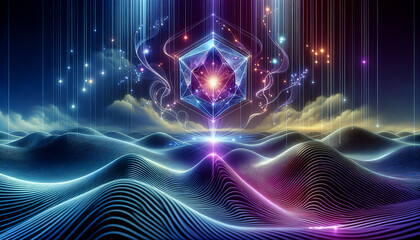 Abstract Data Validation: Glowing Structure Amidst Vibrant Digital Waves