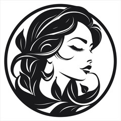 Elegant lines black logo with female face icon in black and white