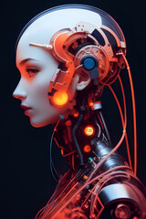 3D illustration of science fiction female humanoid cyborg lost in futuristic neon lit cyberpunk city