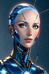 3D illustration of science fiction female humanoid cyborg lost in futuristic neon lit cyberpunk city