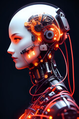 3D illustration of science fiction female humanoid cyborg lost in futuristic neon lit cyberpunk city