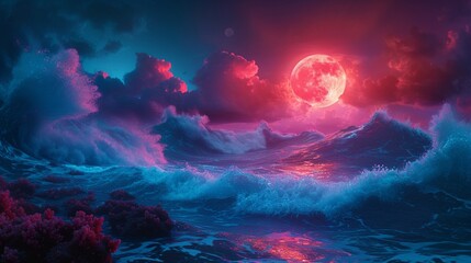Turquoise waves colliding with coral reefs under a neon moon. 