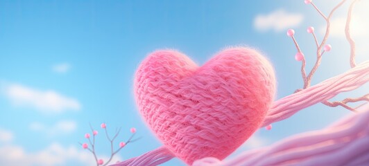 A delicate pink heart crafted with crochet or knitting, radiating warmth and affection with its handmade charm.