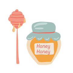 Honey jar and honey stick with honey drops flat design