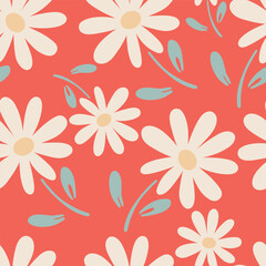 Camomile flat design groovy flowers seamless pattern