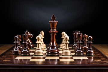 A chessboard with pieces in strategic positions signifies the concept of order and calculated moves in the game of chess. Generative Ai.