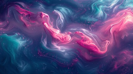 Vibrant magenta and jade streaks intertwining in a surreal dance.  - obrazy, fototapety, plakaty