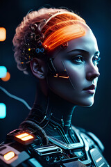 3D illustration of science fiction female humanoid cyborg lost in futuristic neon lit cyberpunk city