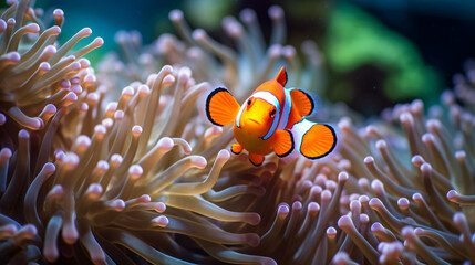 Naklejka na ściany i meble Close up of clownfish hiding in sea anemone