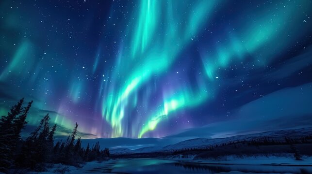 Night sky dances with celestial wonder as the Aurora Borealis, or Northern Lights, paint ethereal ribbons of color across the heavens. 